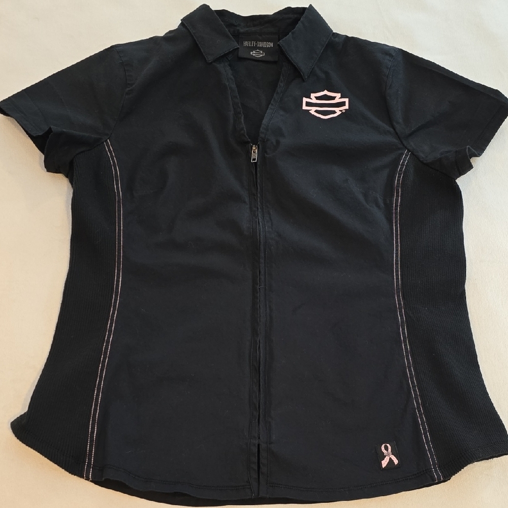 Harley-Davidson Women's Black and Pink Zip-Up Blouse